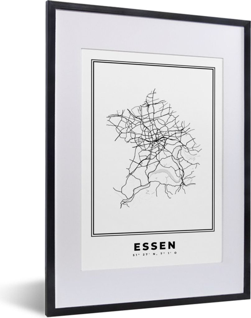 MuchoWow Gerahmtes Poster Deutschland - Essen - Stadtplan - Karte - Schwarz-Weiß - Karte 30x40 cm - Poster mit Schwarzem Bilderrahmen Wandposter...