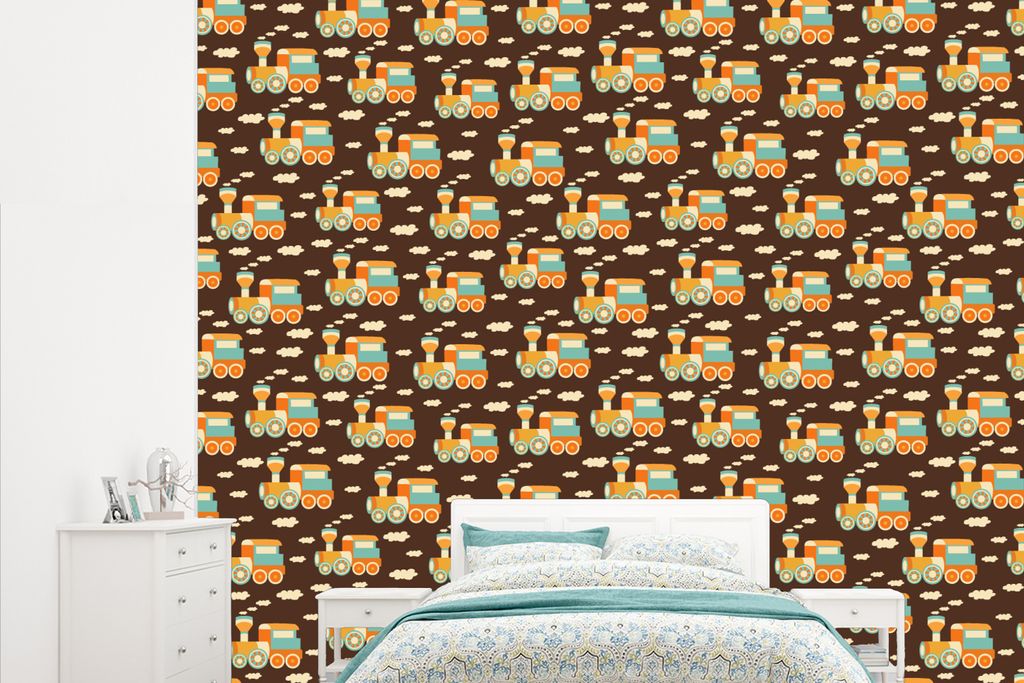 MuchoWow Fototapete für Wohnzimmer oder Schlafzimmer Wandtapete Vinyl Motivtapete Muster - Zug - Vintage - Kind - Kinder - Kinder - 315x260 cm -...
