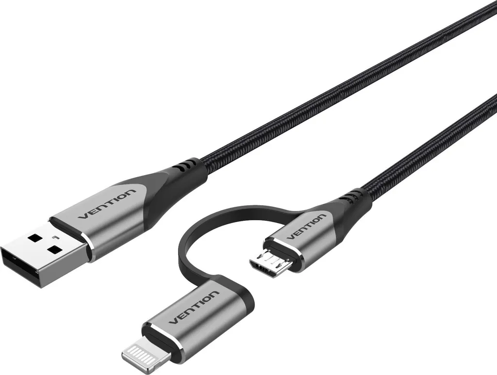 Câble de Charge 2-en-1 Lightning et Micro USB Vention 1M en Métal Gris