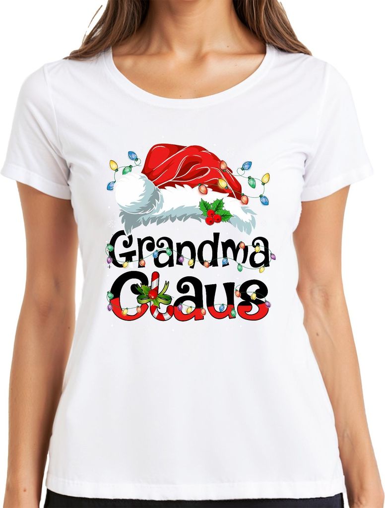 Grandma Claus Weihnachten Oma Geschenk Lichterkette Zuckerstange Damen T-Shirt, Weiß, L