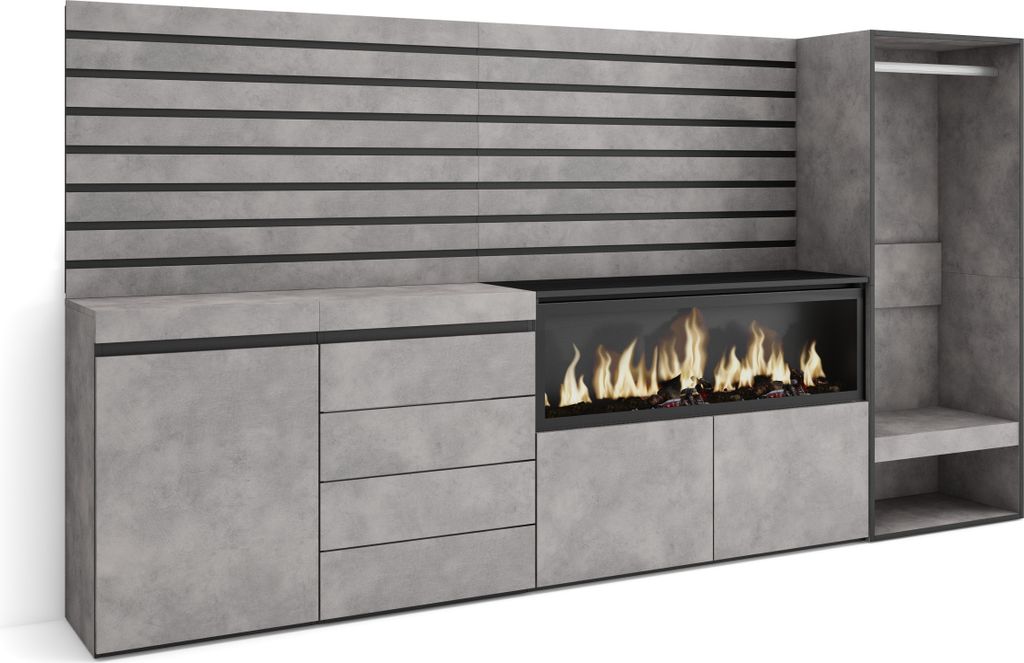 Sideboard, Kommode, 274x35x145 cm, Für Schlafzimmer, Zimmer, Elektrokamin XXL, Kommode mit Schubladen, Offener Kleiderschrank, Zementgrau