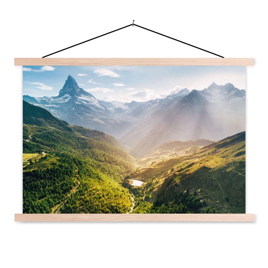 MuchoWow Textilposter Berge - Pflanzen - Landschaft 120x80 cm mit holzfarbenen Rahmen - Aufhängeset