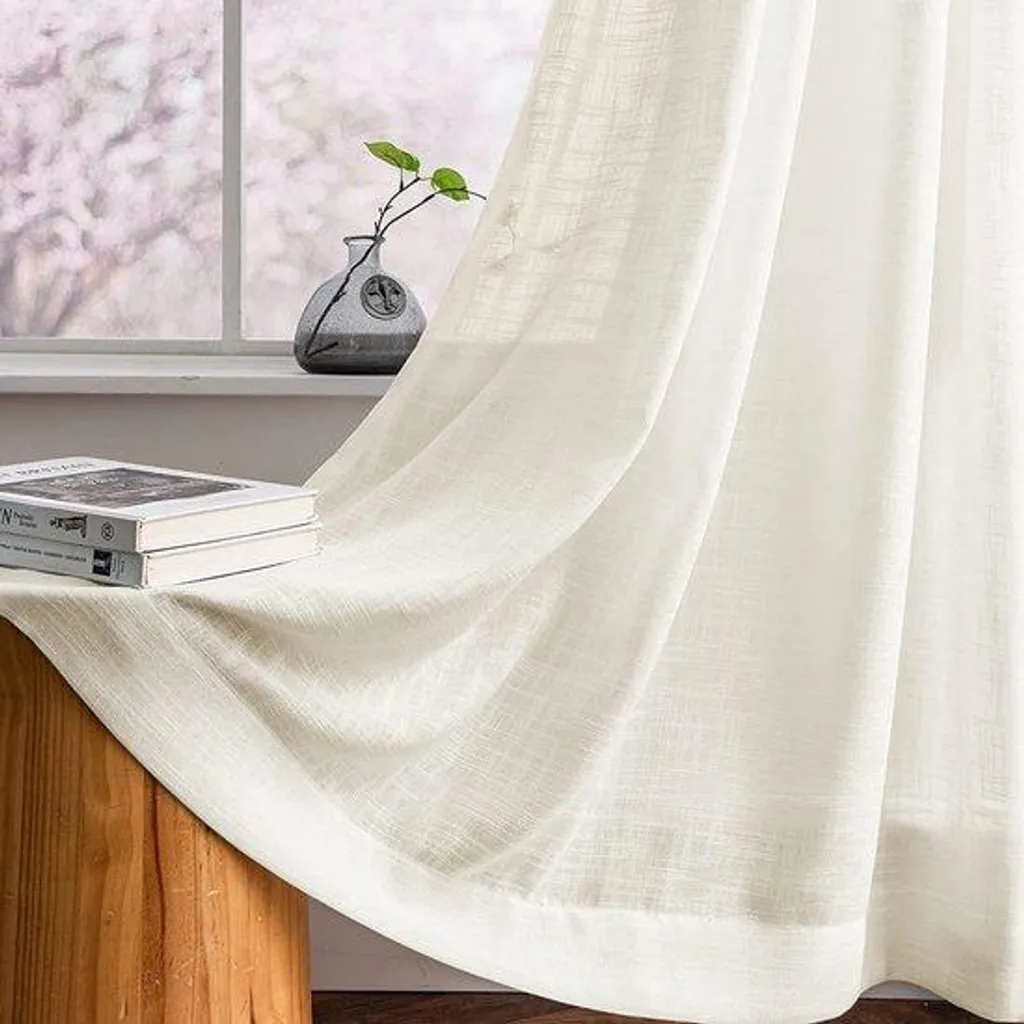 Voilage en lin beige 225x140 cm, rideau tamisant pour fenêtre style