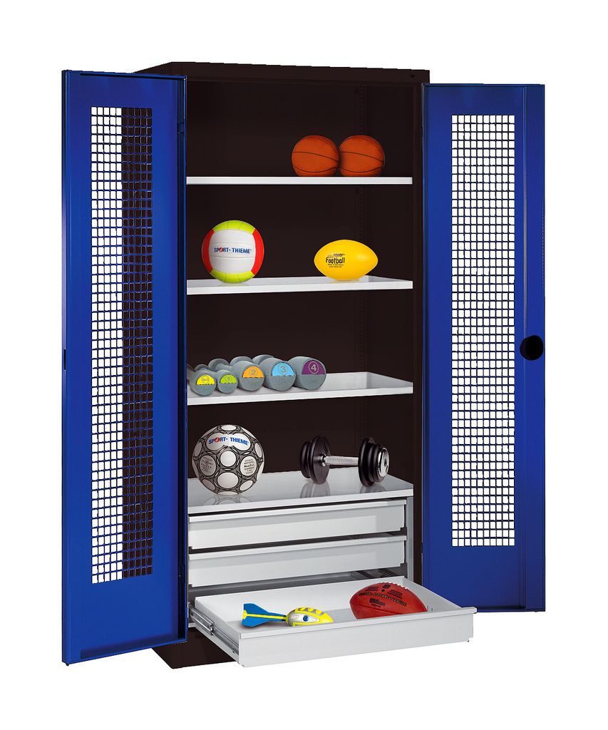 C+P Sportgeräteschrank mit Schubladen und Lochblech-Flügeltüren (Typ 4), HxBxT 195x120x50 cm, Enzianblau (RAL 5010), Ergo-Lock Muldengriff, Anth...