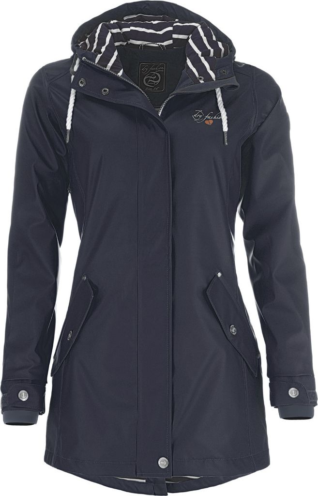 Dry Fashion Damen Regenmantel Kiel - Frauen Regenjacke Damen Jacke mit verstellbarer Kapuze Lang Winddicht Wasserdicht in Navy Größe 46