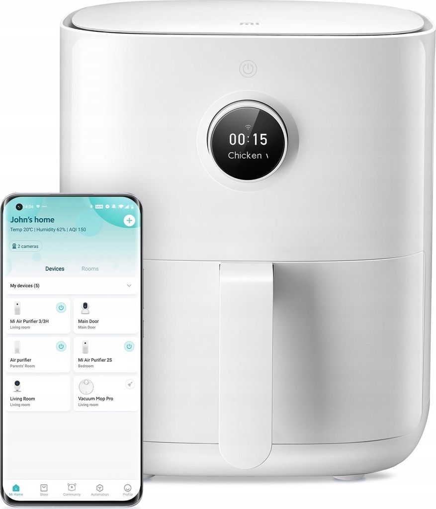 A white Xiaomi Mi Smart Air Fryer is shown next to a smartphone displaying the Mi Home app.