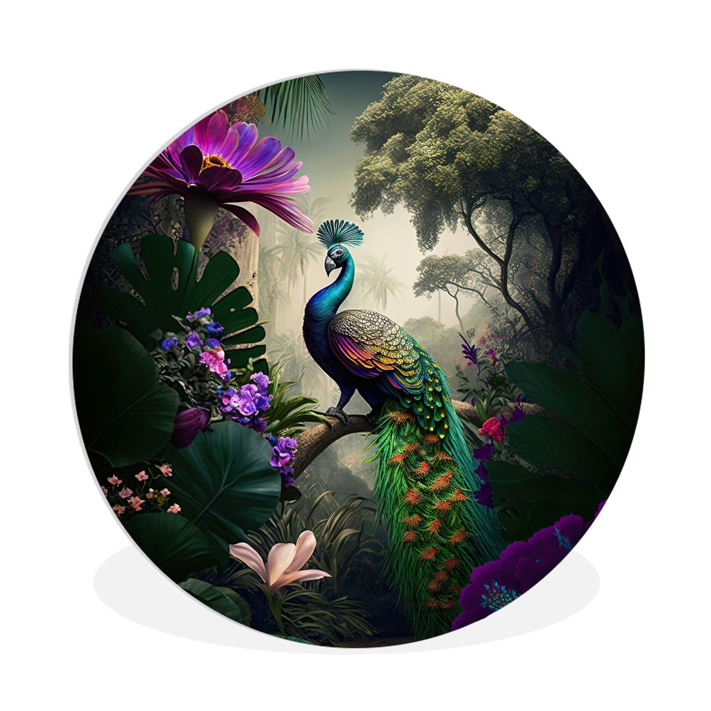 MuchoWow Rundes Wandbild - Runde Bilder Pfau - Blumen - Dschungel - Regenbogen - Federn Ø 90 cm Kreis Wanddekoration Kunststoff - Wandkreis - Wa...