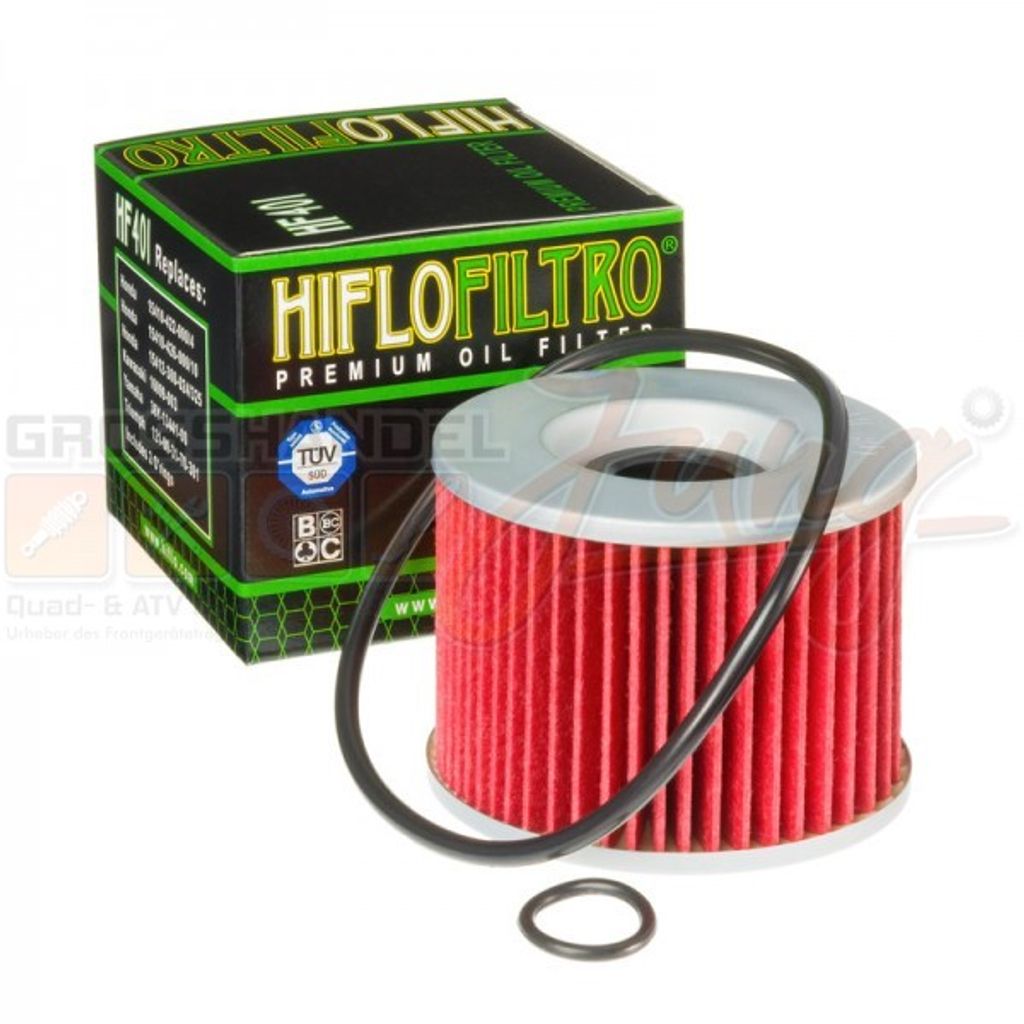A Hiflofiltro oil filter and its packaging are shown against a white background.