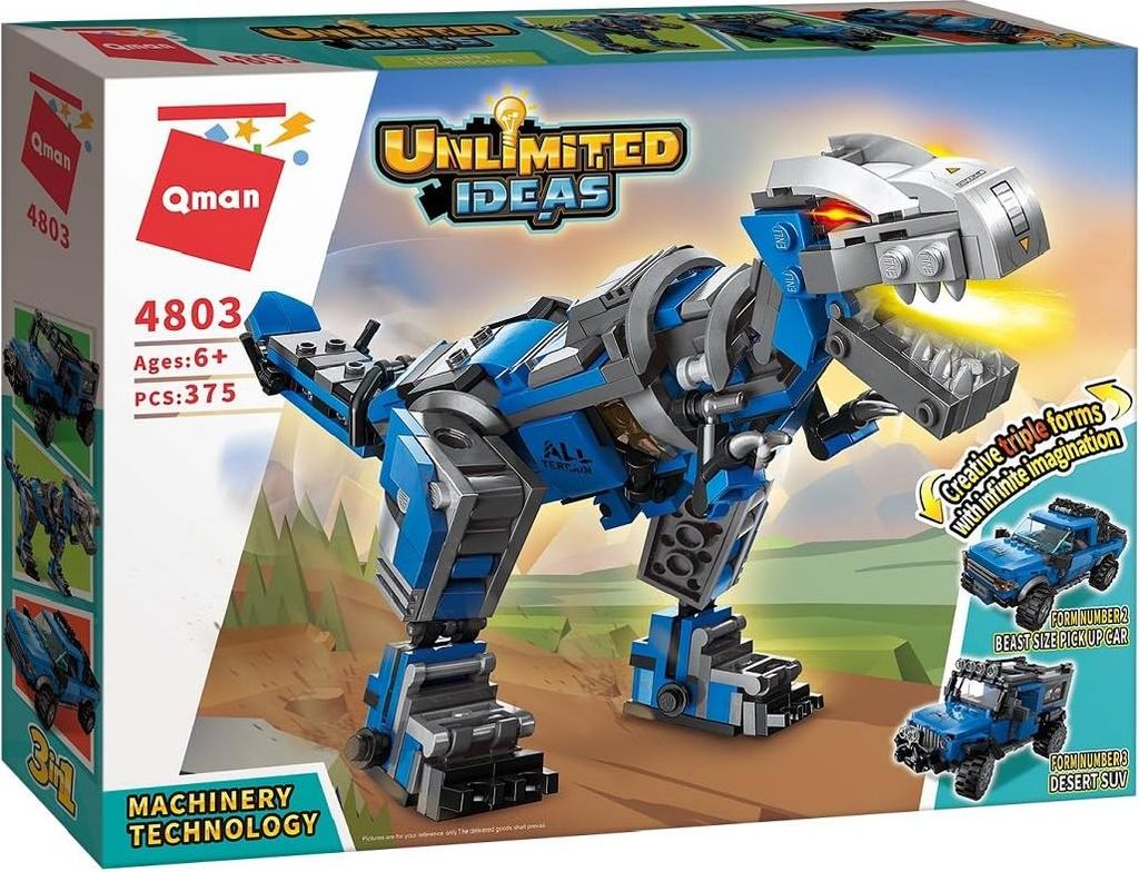 QMAN 4803 3in1 Auto Dino Klemmbaustein-Set für Kinder ab 6 Jahren