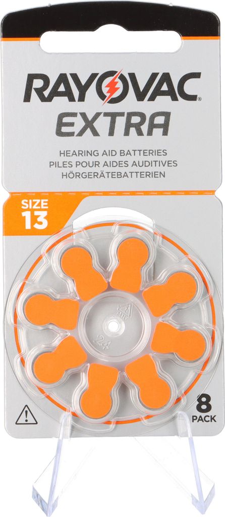 A package of Rayovac Extra hearing aid batteries.