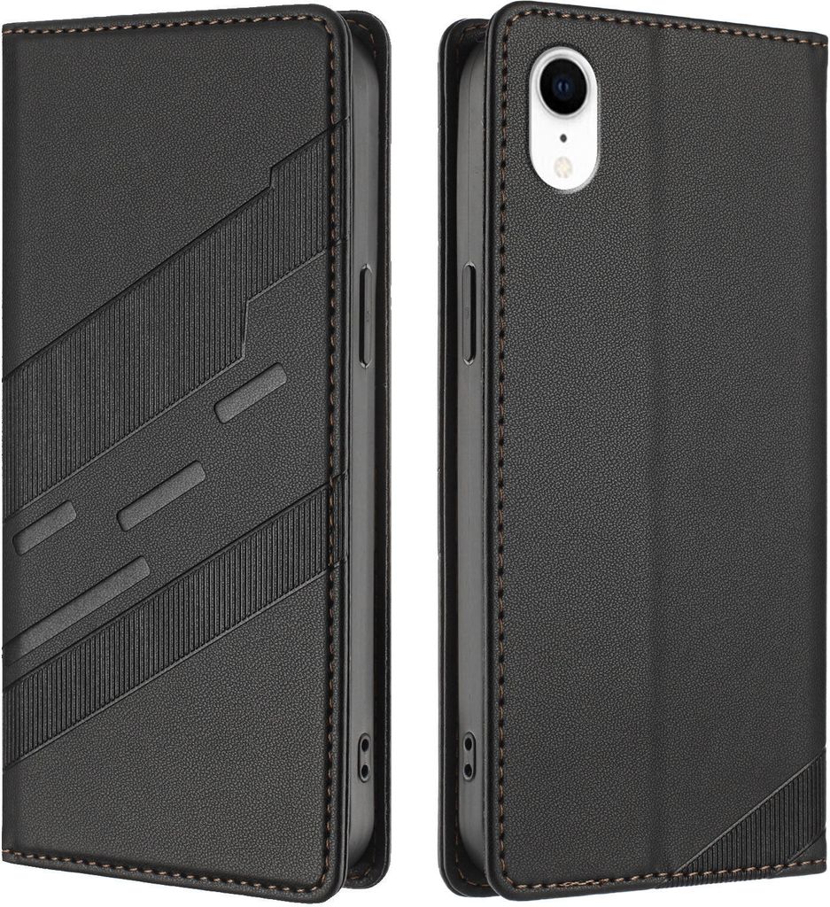 Hülle für iPhone XR, Kunstleder Brieftaschen Handyhülle mit Kartenfach und Standfunktion Schwarz