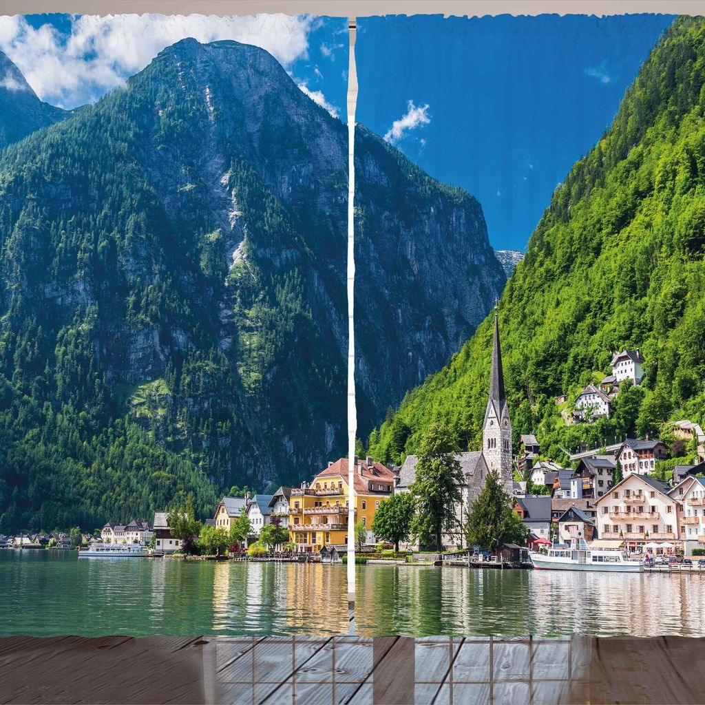 ARANDE Landschaft Gardine, Natürliche Ansicht von Hallstatt in den Österreich-Bergen Forest Town Houses Clear Sky, 280 x 245 cm, Grün Weiß Blau