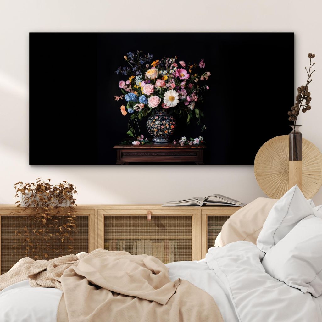 MuchoWow Wanddekoration Metall Metallbild Wandkunst 120x60 cm Blumenvase - Holz - Blumen - Blumenstrauß MuchoWow Aluminium Gemälde - Metalbilder