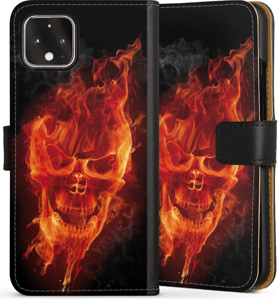 DeinDesign Klapphülle für Google Pixel 4 Handytasche Lederhülle Tasche Feuer Schädel Totenkopf