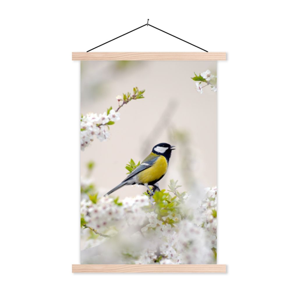 MuchoWow Textilposter Vogel - Kohlmeise - Blumen - Blütenbaum 120x180 cm mit holzfarbenen Rahmen - Textil-Plakat