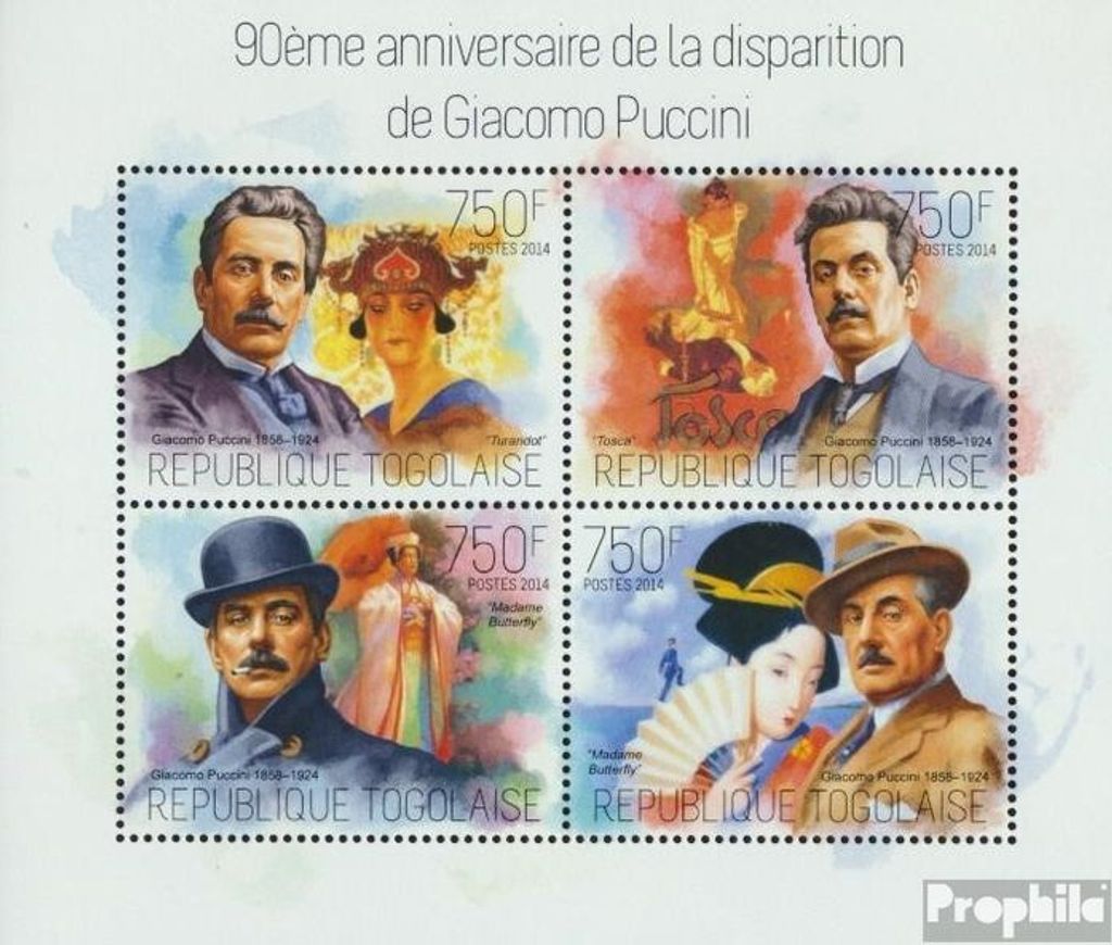 Briefmarken Togo 2014 Mi 5570-5573 Kleinbogen (kompl. Ausgabe) postfrisch Giacomo Puccini