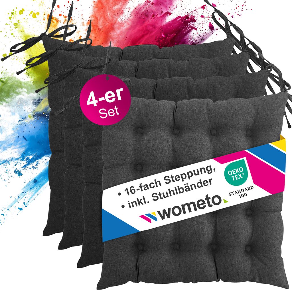 4er Set Sitzkissen Stuhlkissen 40x40 OEKO-TEX - dunkelgrau Sitzauflage Bank Polster Sitzpolster mit Bändern / Schleife, Indoor / Outdoor
