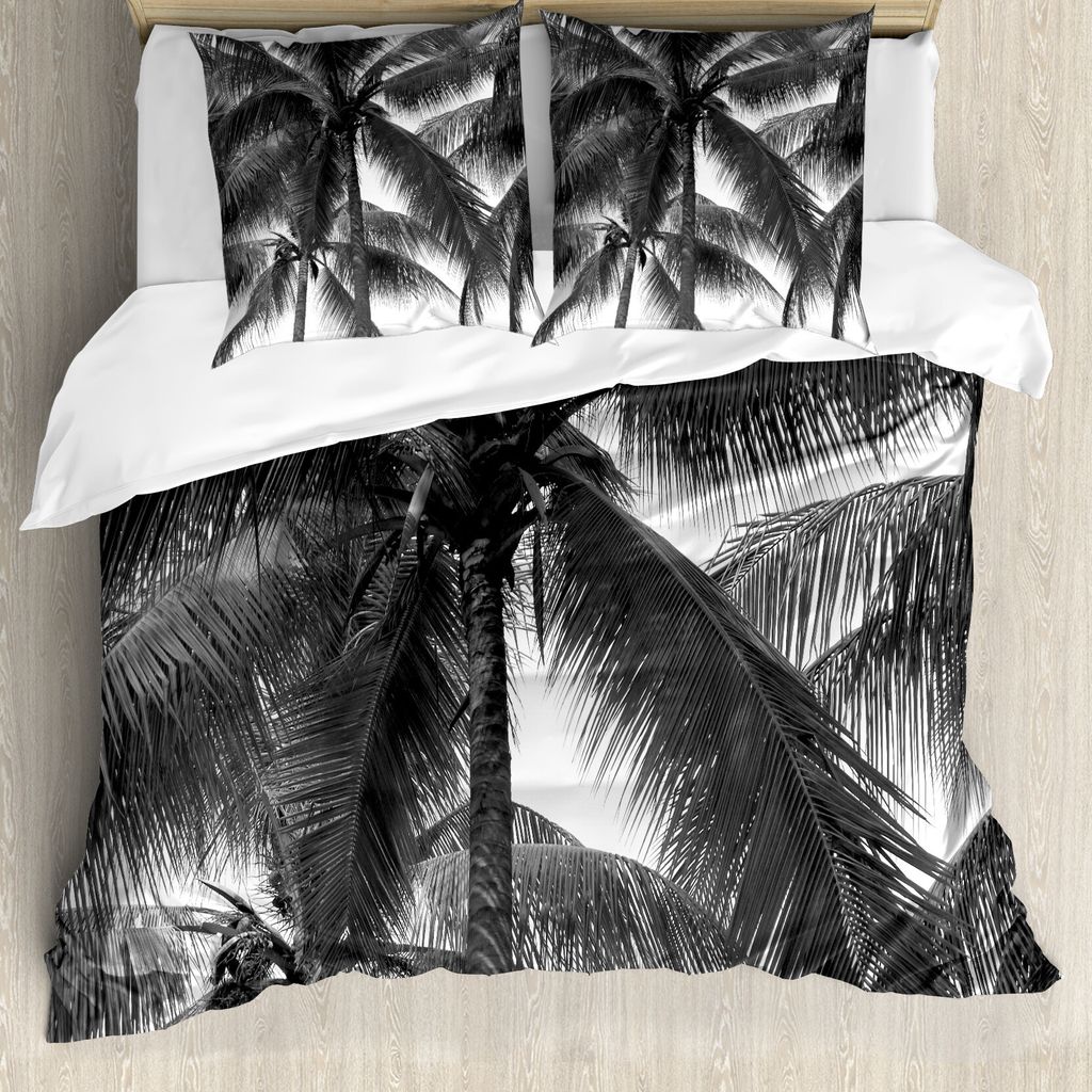 ABAKUHAUS Palme Bettbezug, Kokosnuss-Palmen Tropical, Milbensicher Allergiker geeignet mit Kissenbezügen, 200 cm x 200 cm - 80 x 80 cm, Schwarz