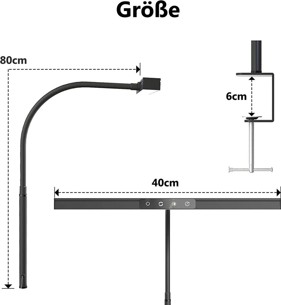Schreibtischlampe LED 12W 40cm Klemmbar 3 Farbtemperaturen Produktbild 5