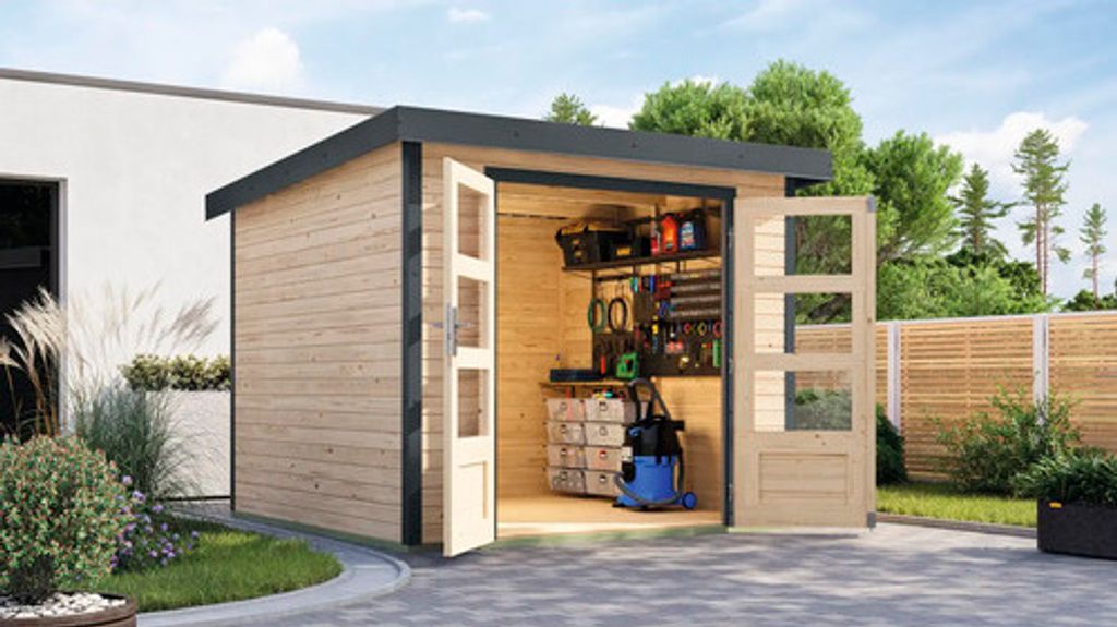 Gartenhaus Karibu Metalwood 3,5A Blech anthrazit 266 x 266,5 cm natur