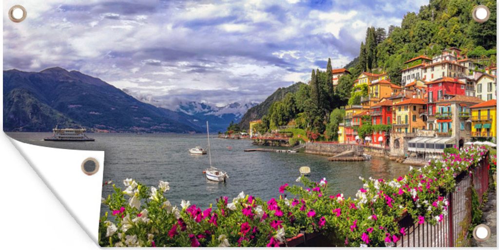 MuchoWow 60x30 cm Outdoor-Poster Gartendeko Sichtschutz Garten Poster für den Garten Blumen - Comer See - Italien