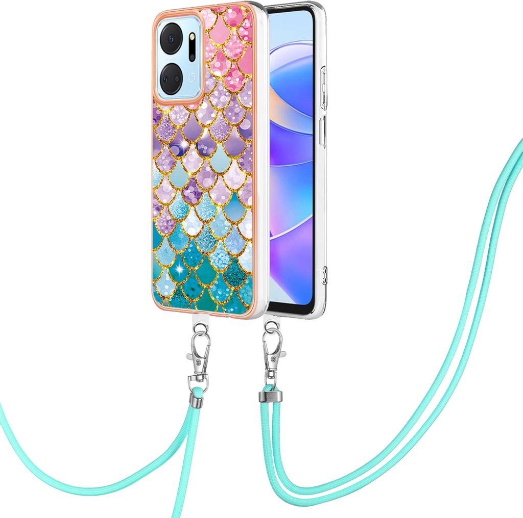 Handykette Hülle für Honor X7a Muster TPU Schutzhülle mit verstellbarem Tragegurt Bunt