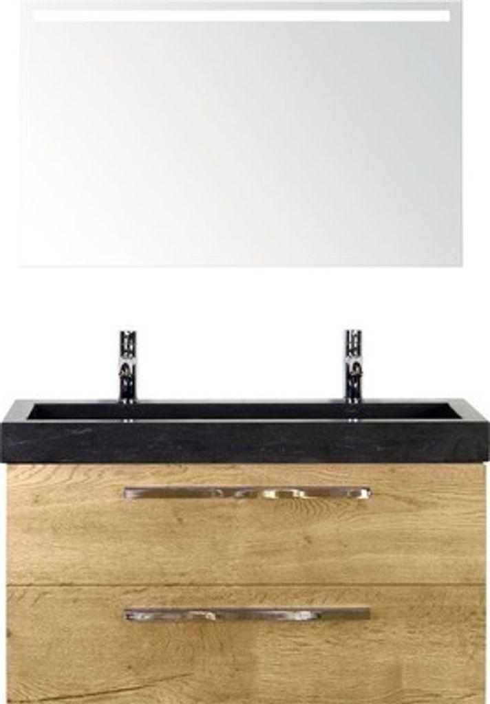 Badmöbel-Set Sanox Seville BxHxT 101 x 170 x 45,5 cm Frontfarbe eiche natur mit Waschtisch Naturstein schwarz und Naturs
