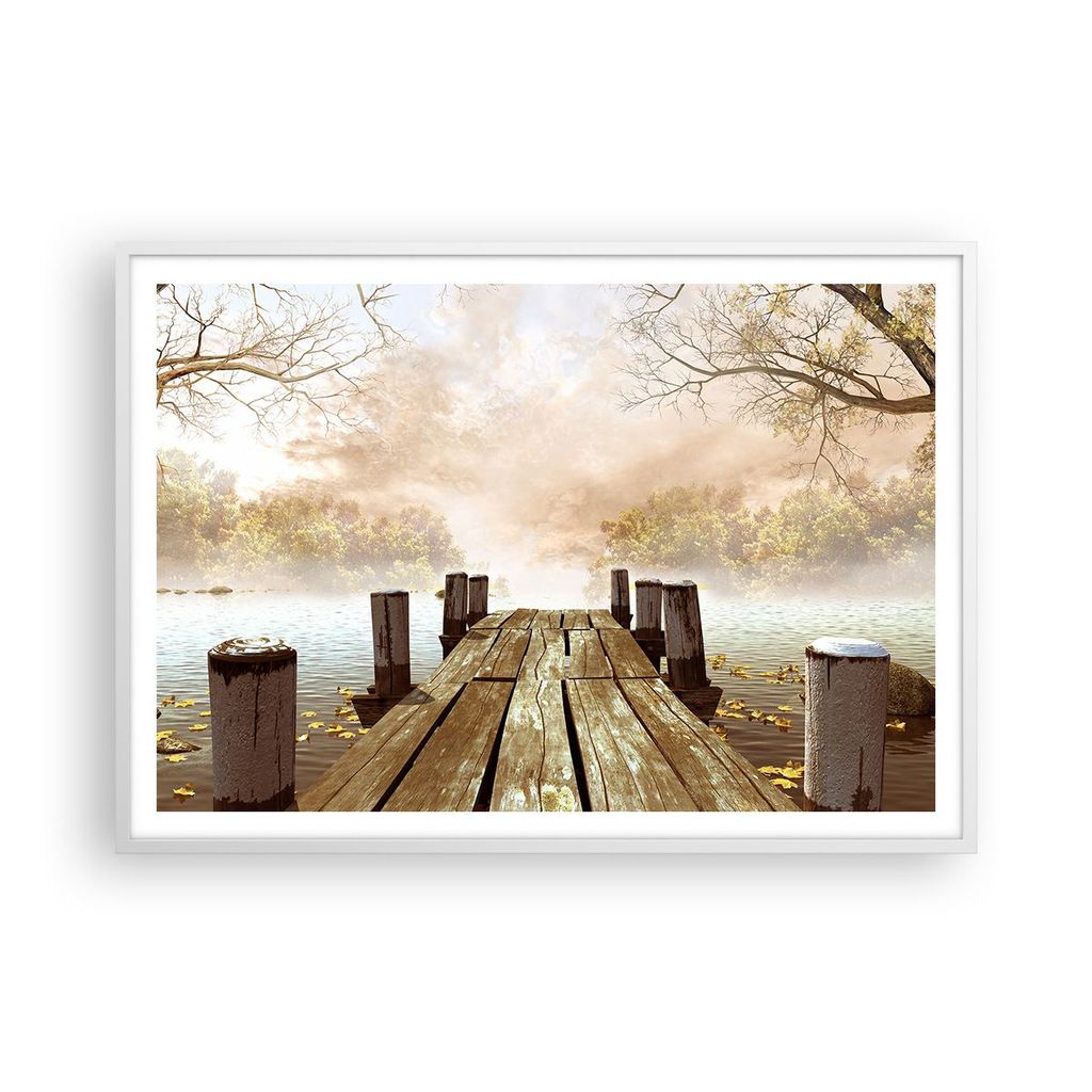 Gerahmtes Poster - Weißer Rahmen - Illustration herbst landschaft bäume - 100x70 cm - Wand Bild - Wanddeko - Wandbilder - Wandposter - Bilderrahm...