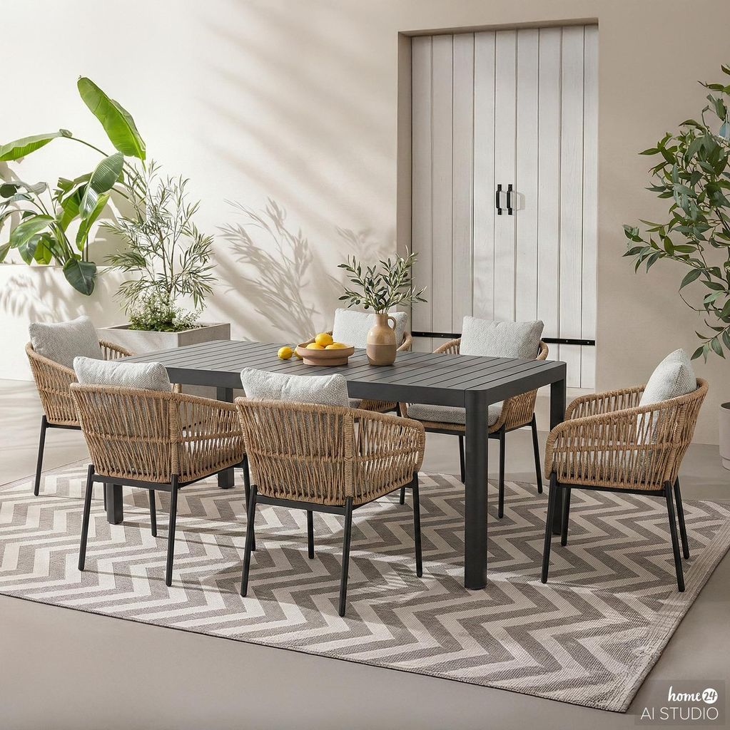 home24 Gartenessgruppe - 7-teilig - Aluminium / Polyrattan / Webstoff