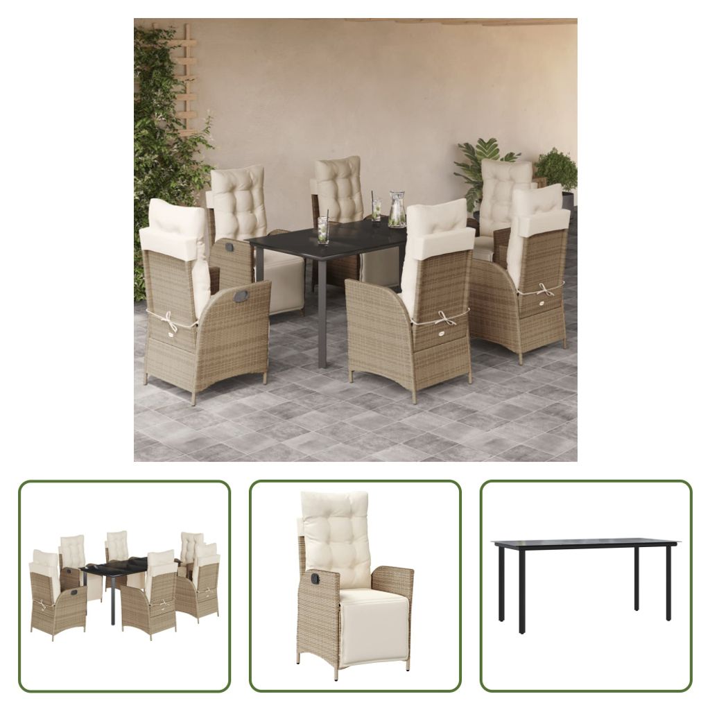 The Living Store 7-tlg. Garten-Essgruppe mit Kissen Beige Poly Rattan