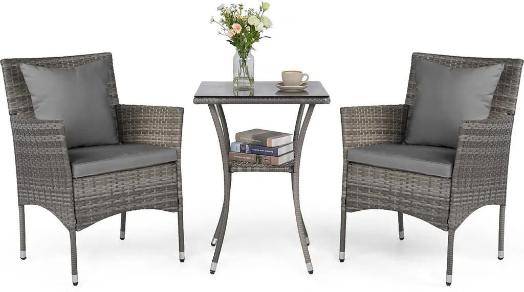 Salon de Balcon en Rotin Gris 2 Fauteuils et Table Basse Chic Cosy