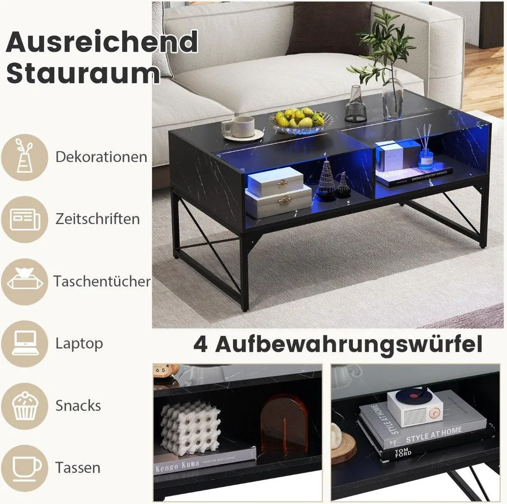 Table basse LED noire pour soirée cinéma - Aspect marbre et éclat réglable