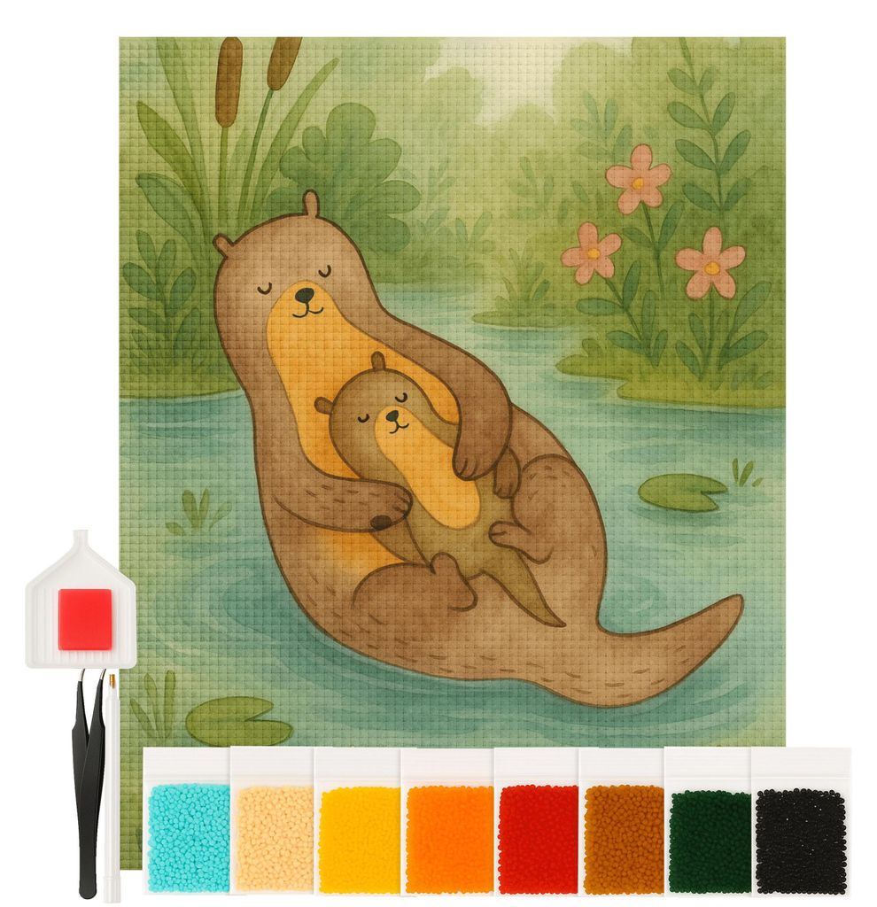 Mr. & Mrs. Panda Diamond Painting Otter Kind Design 40 x 50 cm Mit Rahmen - Weiß - Geschenk, bilder, diamant, Tochter, 5d, Baby, Geburt, Fischotte...