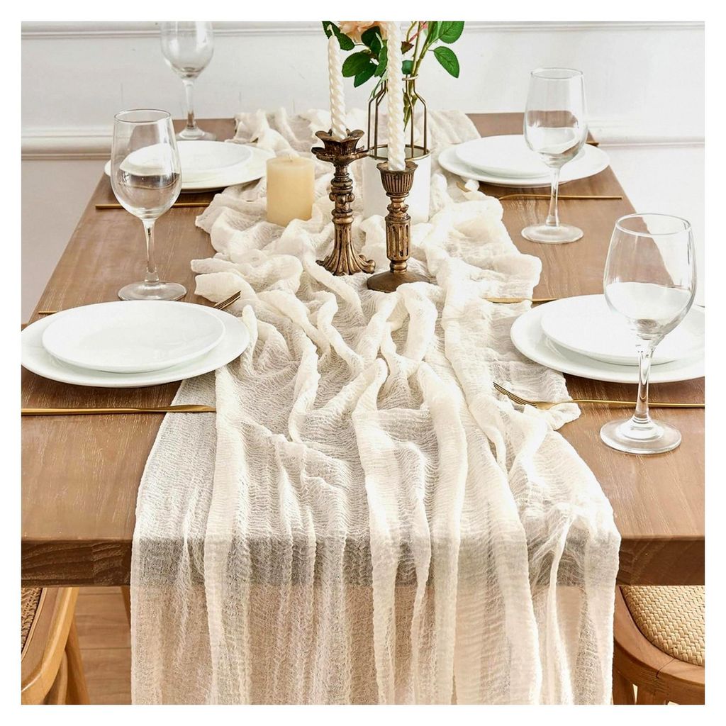 Tischläufer aus Boho-Gaze, Musselin 80 x 300 cm, Rustikale Tischdecke für Küche, Hochzeit, Partydekoration, Beige