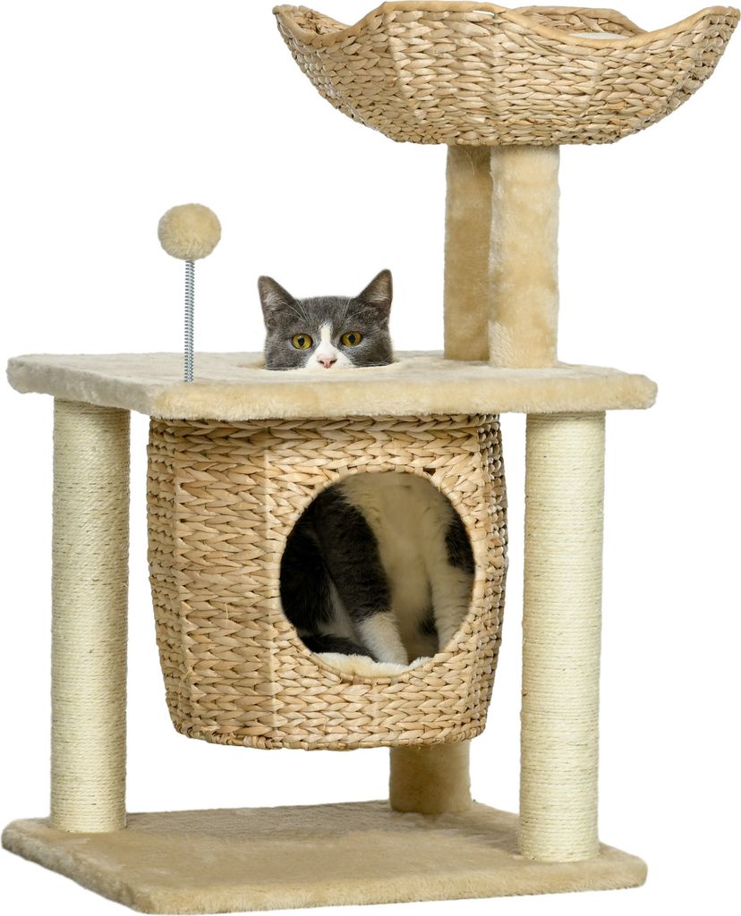 PawHut Katzen Kratzbaum Klein, 74 cm Katzenbaum mit Katzenhöhle, Spielball, Indoor Kletterturm mit Bett, Kratzmöbel für Katzen bis 5 kg, Beige