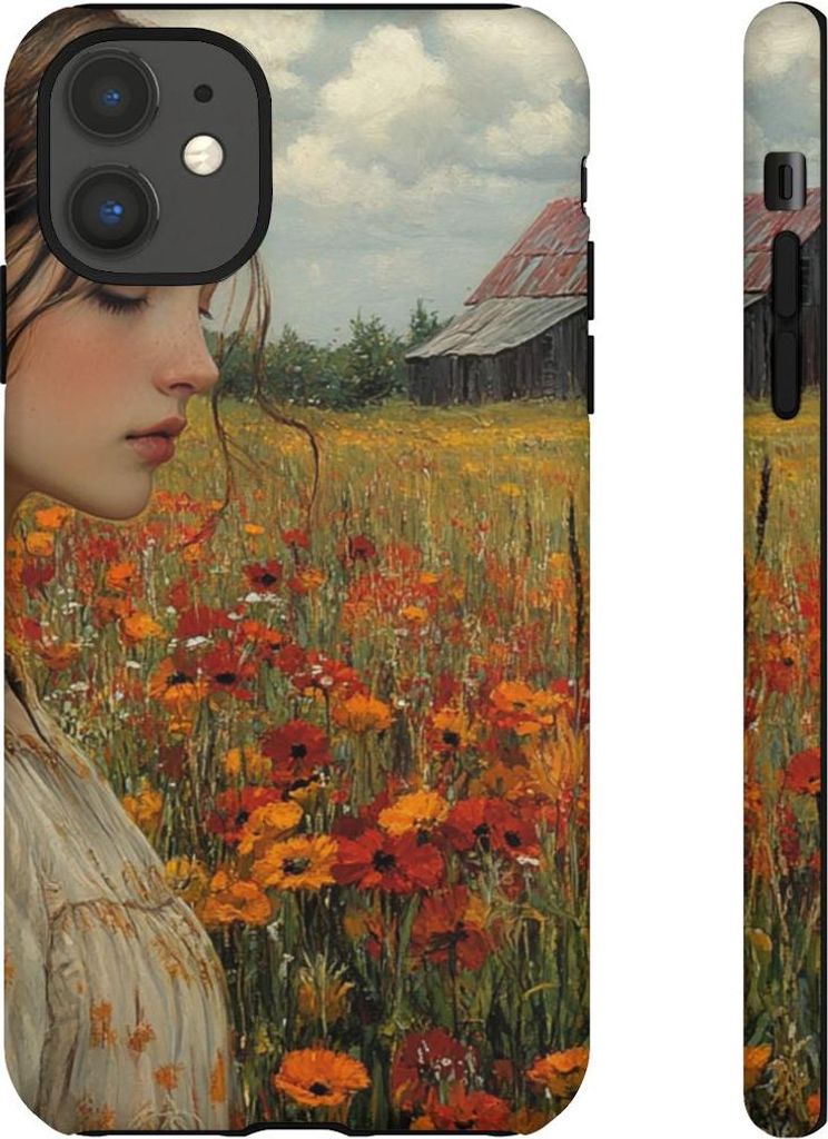 Junge Frau im Blumenfeld vor Scheune – Hülle Kompatibel mit iPhone 11