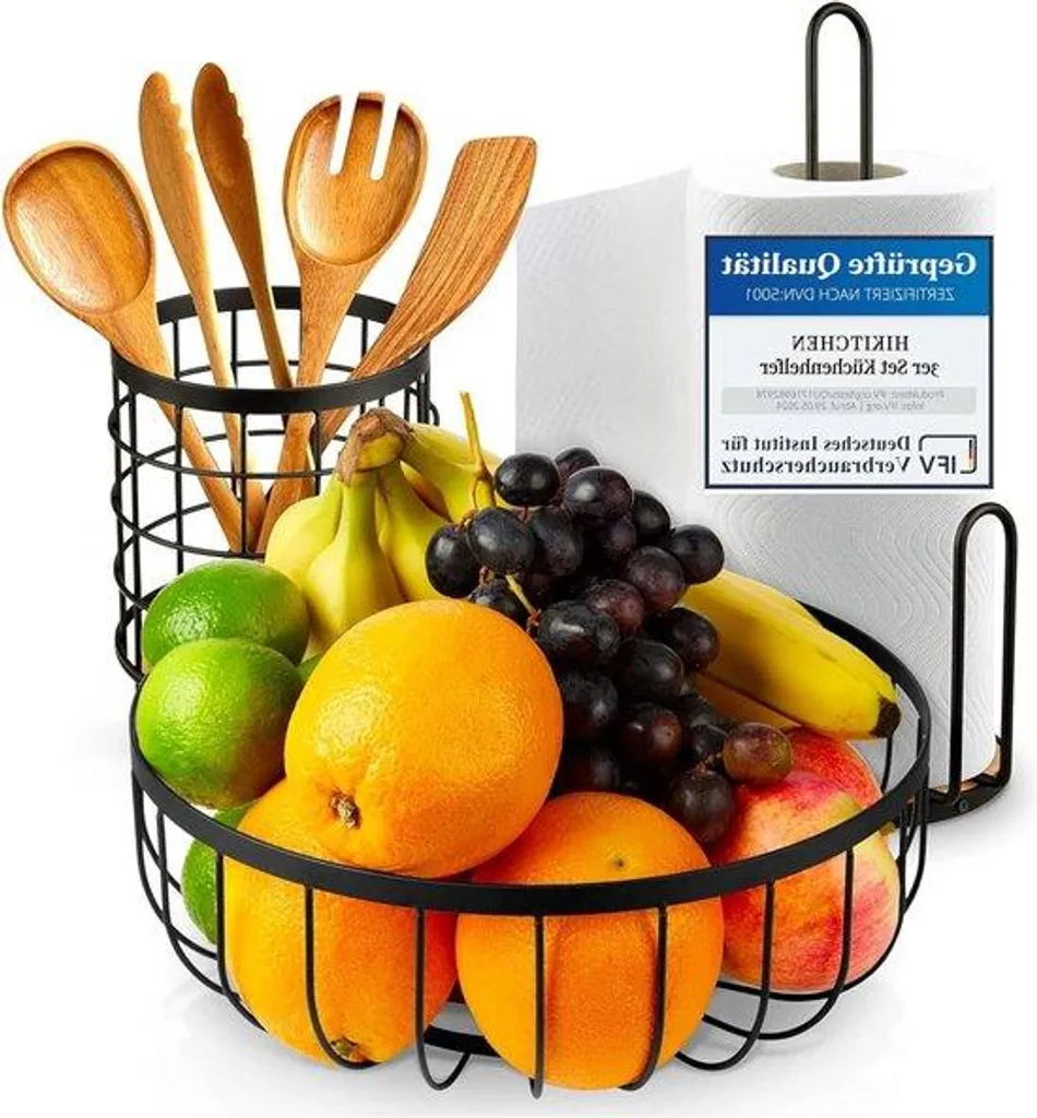 Porte-sopalin noir et bois avec 3 compartiments fruits, style industriel