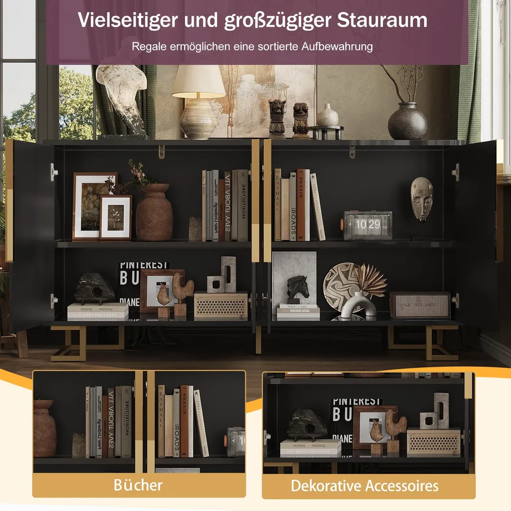 Commode Buffet Noir 152cm avec Design Géométrique et Finitions Dorées - 5