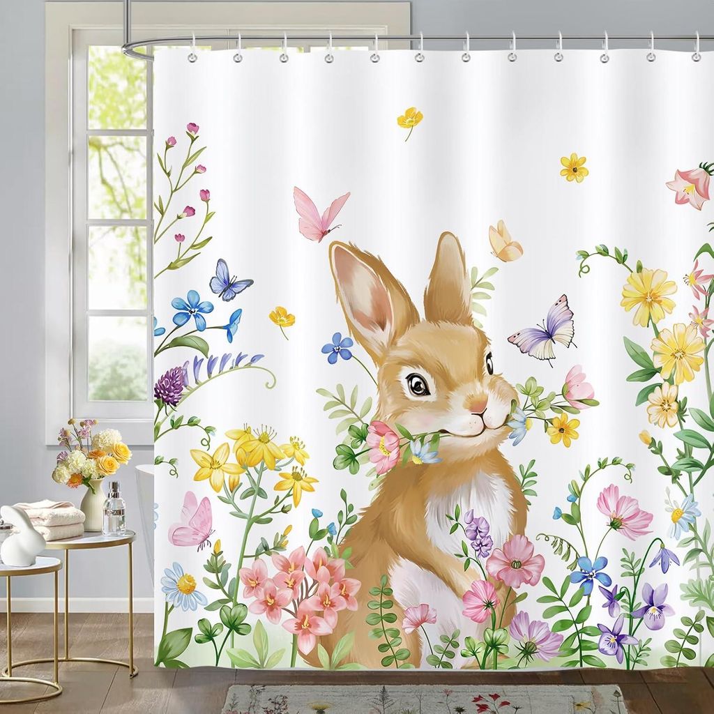 Osterduschvorhang mit Blumenhasenmotiv, 180 x 180 cm, waschbarer Polyesterstoff, mit 12 Haken