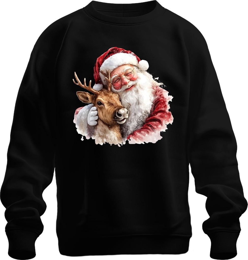 Weihnachtsmann mit Rentier Umarmung Weihnachten Aquarell Vintage Uni Sweatshirt Pullover, Schwarz, M