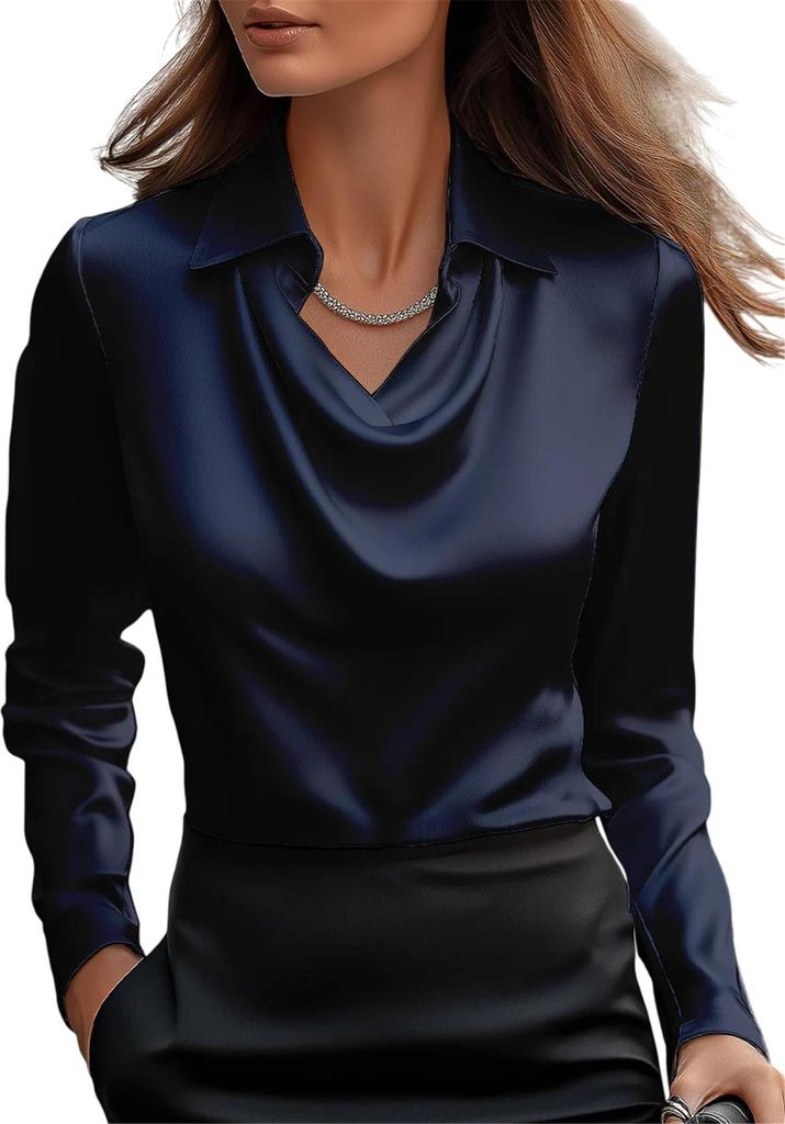 ASKSA Damen Satin Bluse Wasserfallkragen Elegante Oberteile Langarm Seide Hemdbluse Arbeitshemd Business Langarmshirt (Marineblau,XXL)