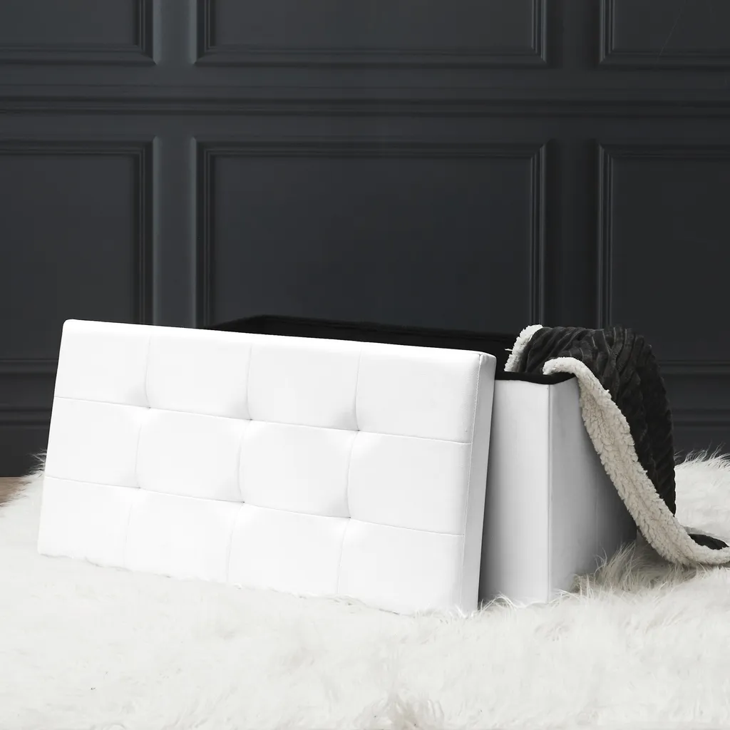 Pouf Coffre Pliable Blanc en Polyuréthane - Assise Rembourrée et Confort