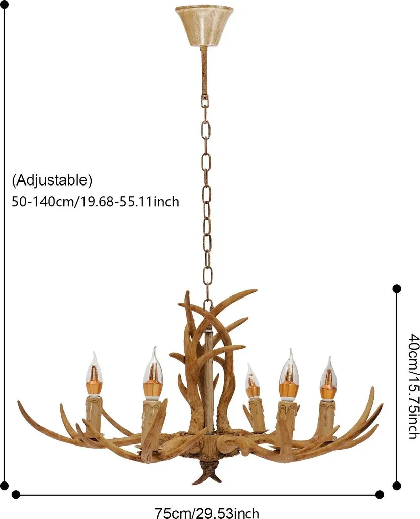 Plafonnier bois de cerf réglable : solution éclairage rustique 6 lampes - 9