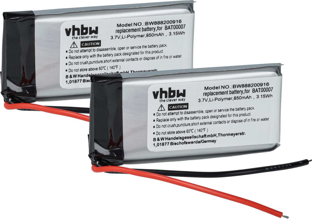 vhbw 2x Akku kompatibel mit Cardo SRPT0102, Packtalk Duo, Scala Rider Packtalk Wireless Headset Kopfhörer (850 mAh, 3,7 V, Li-Polymer)