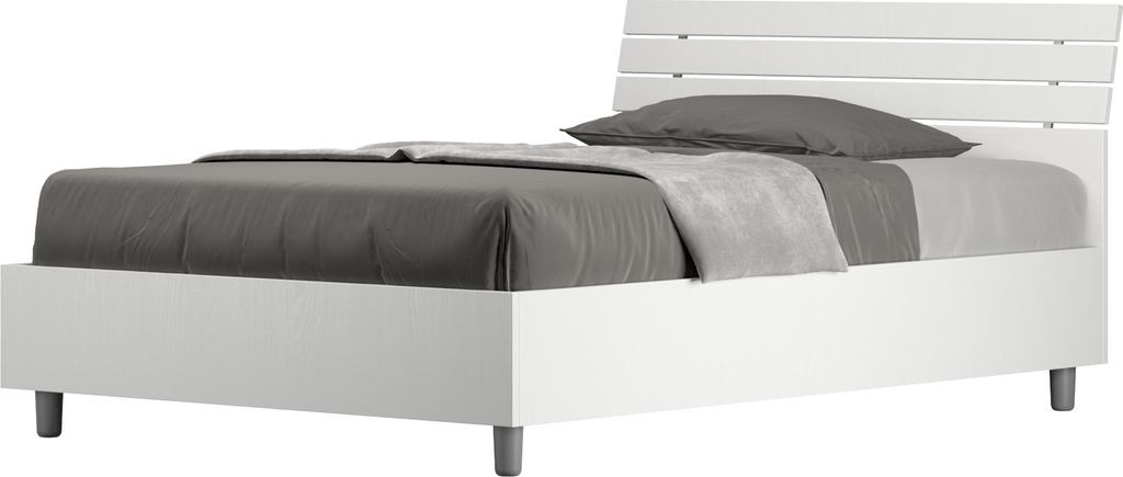 ITYHOME - Bett mit Lattenrost 120x190 schräges Kopfteil mit Holzlatten Esche weiß Ankel