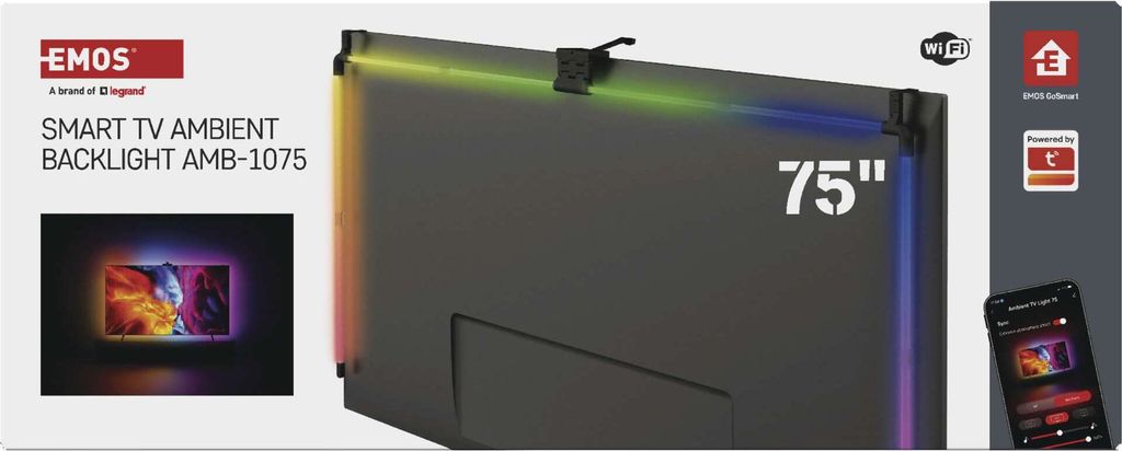 EMOS Smarte TV Hintergrundbeleuchtung für 75“ TV (189 cm), abnehmbare RGBIC LED Light Tubes, mit Kamera, WiFi, App- und Sprachsteuerung, ZTV75