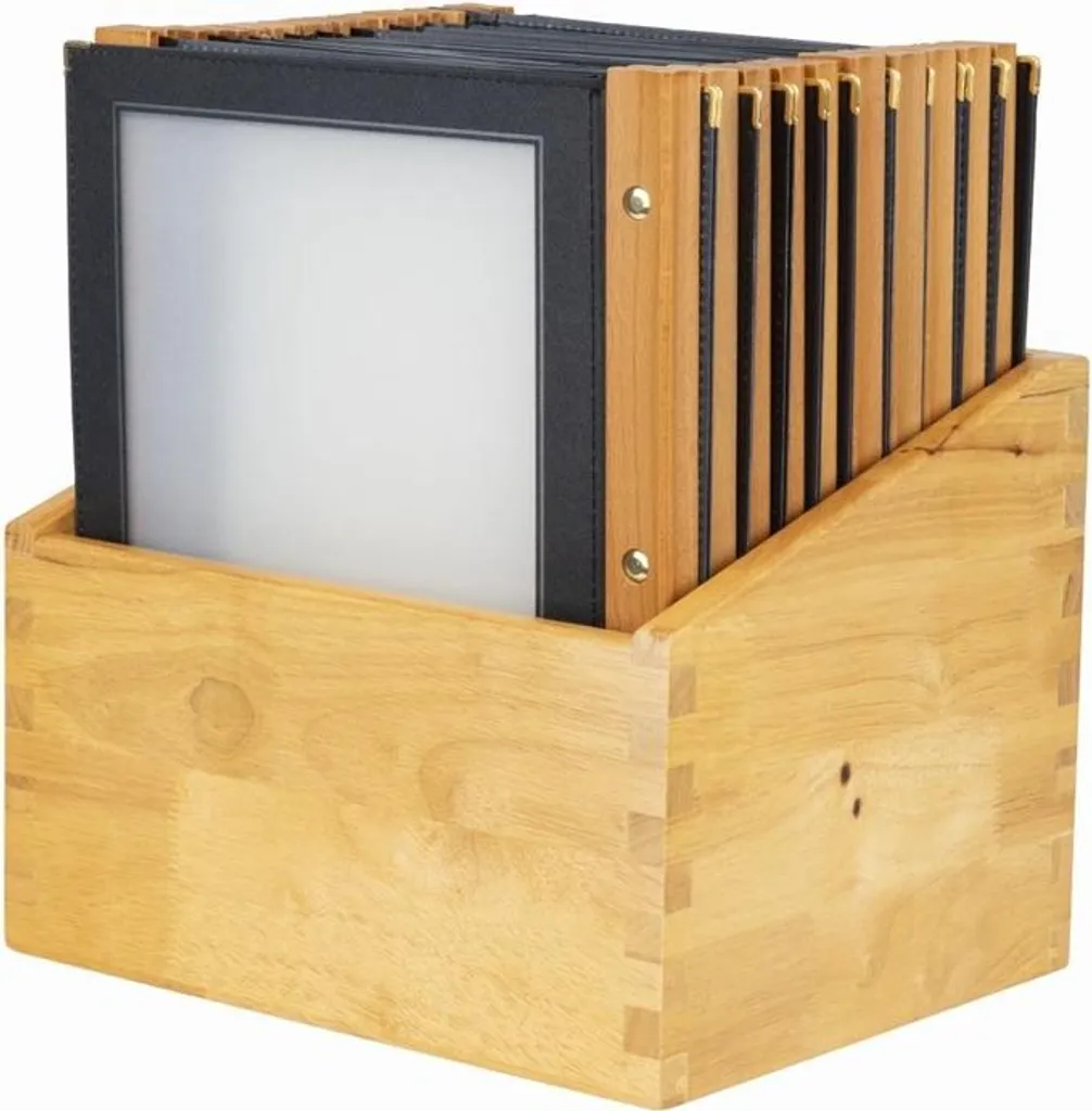 Set de 20 Porte-menus A4 Noirs avec Boîte de Rangement en Bois Brun