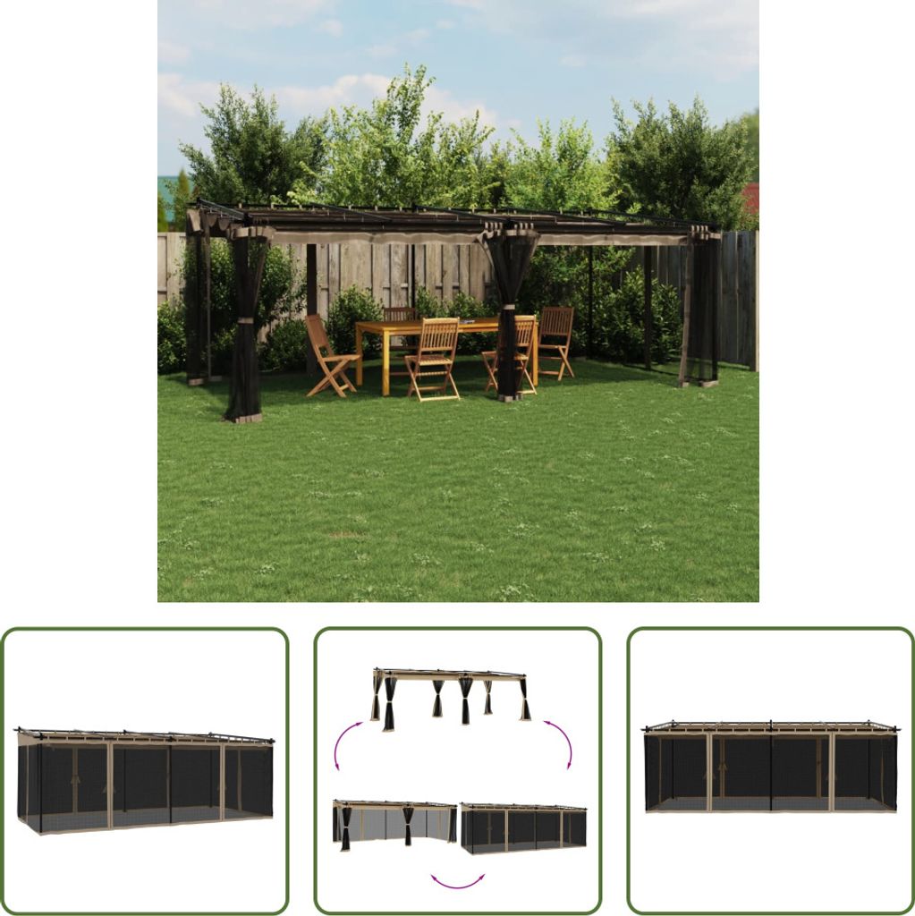 The Living Store Pavillon mit Netzwänden Taupe 6x3 m Stahl