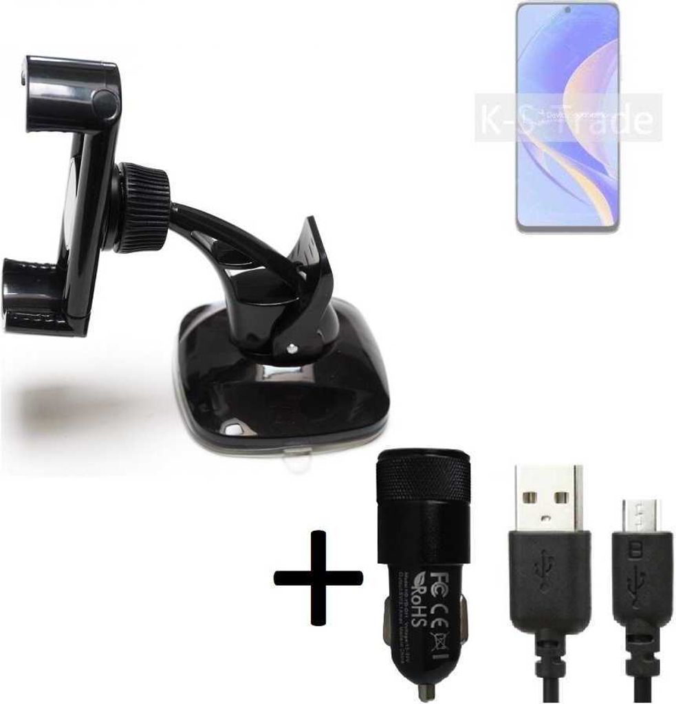K-S-Trade Halterung kompatibel mit Huawei nova Y90 Windschutzscheibe / Armaturenbrett + LADEGERÄT mit Mico USB Kabel Autohalterung KFZ Halter