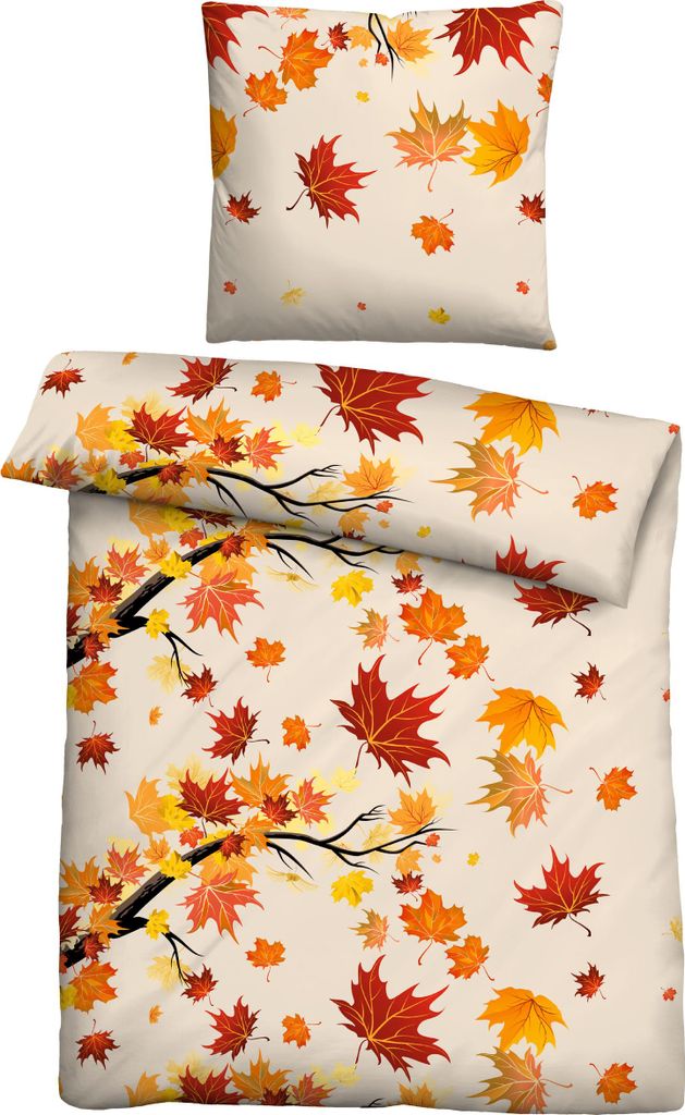 A bedding set with a fall leaf pattern.